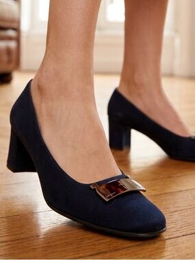 Salvatore Ferragamo Italy Black Fabric Block Heel Pumps with Silver Plaque